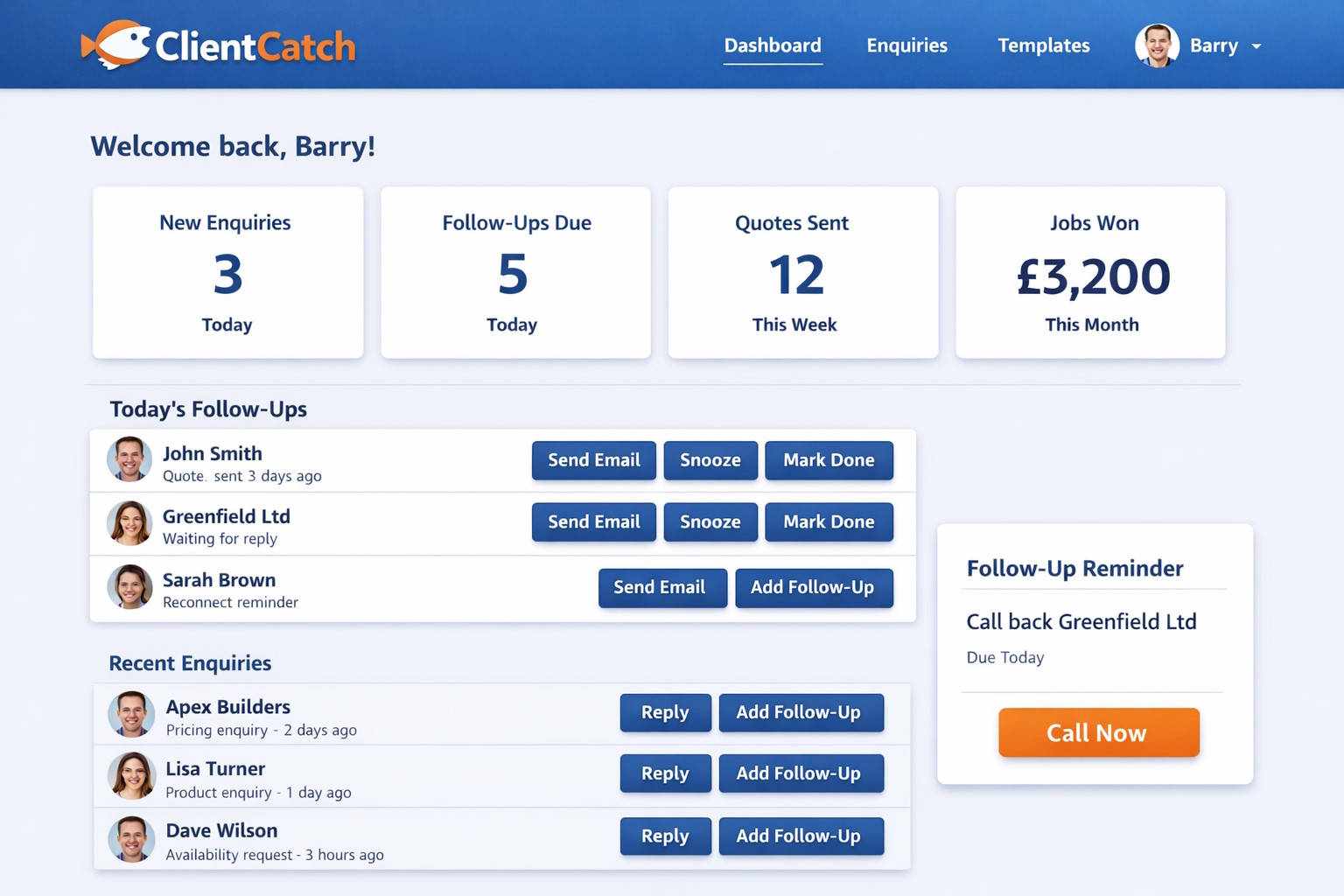 ClientCatch dashboard mock-up showing new enquiries, follow-ups, quotes sent and jobs won
